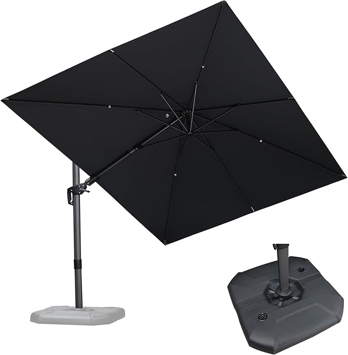 PURPLE LEAF 9' X 12' Right-left Tilt Patio Umbrella with Base Outdoor Cantilever Swivel Rectangle Umbrella Aluminum Offset Umbrella with 360-degree Rotation for Garden Deck Pool Patio Grey