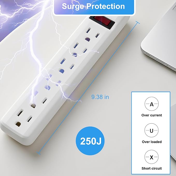 6-Outlet Surge Protector 2pk – 250 Joules, 2ft Cord, 1875W Max – Right Angle