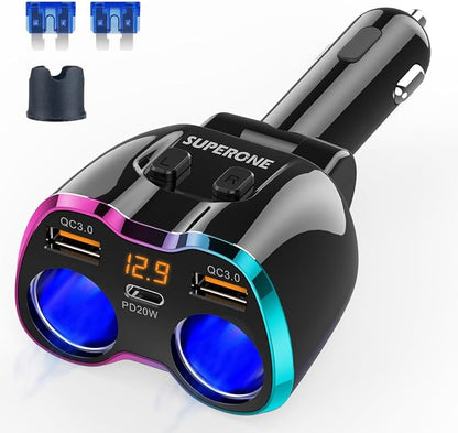 2024 Upgraded Cigarette Lighter Splitter, SUPERONE 180W 2-Socket Cigarette