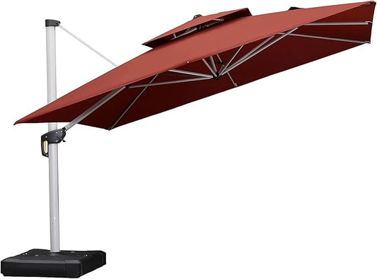 PURPLE LEAF 12 Feet Double Top Deluxe Square Patio Umbrella Offset Hanging Umbrella Cantilever Outdoor Market Garden Umbrella, Brick Red