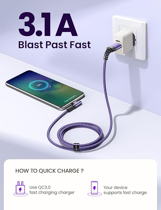 AINOPE 4-Pack USB C Cable, 3.1A C Charger Cable Fast Charging, Right Angle Type