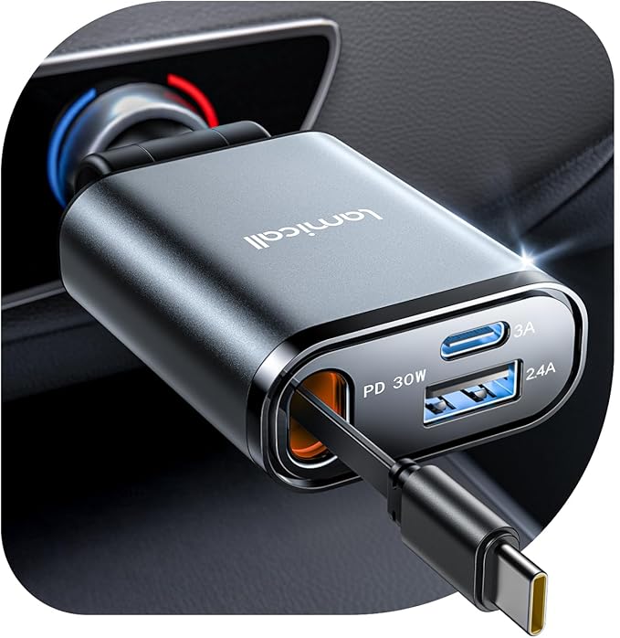 Lamicall Retractable Car Charger USB C Fast Charging 57W Type C Car Phone