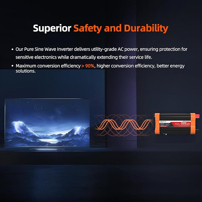 BELTTT 1500W Pure Sine Wave Inverter 12V to 120V AC, Car Power Inverter 12V to
