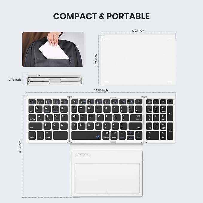 Foldable Bluetooth Keyboard, Portable Full Size Folding Keyboard