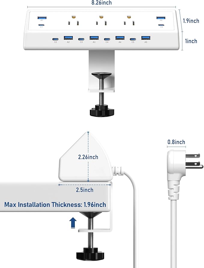 Jgstkcity 130W Desk Clamp Power Strip, 12 USB Ports, Surge Protector, ETL