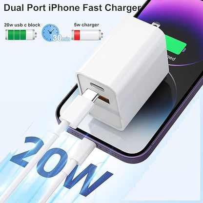 USB C Wall Charger, Dual Port 10FT iPhone Charger 20W PD+QC3.0 Power Adapter