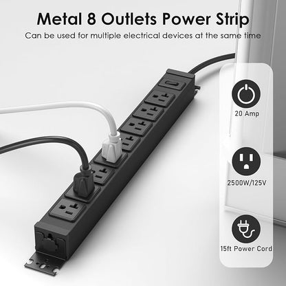 JUNNUJ Heavy Duty Power Strip Wall Mount, 20 Amp Surge Protector 1200J Metal 8