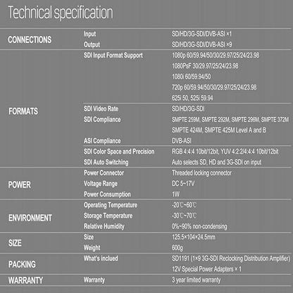 AVMATRIX SDI Splitter 1×9 Distribution Amplifier 3G/ HD/SD Supported DVB-ASI