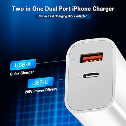 Fast Charger iPhone, Dual Port A/C Charging Adapter, Apple Charger Block 10FT