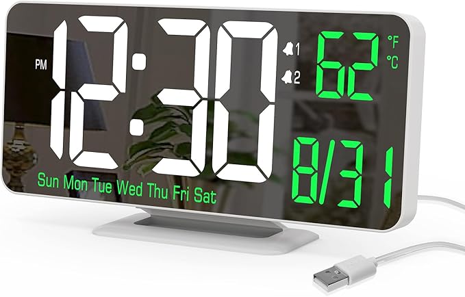 KOSUMOSU Alarm Clock for Bedroom, 6.7" Led Desk Digital Clock, Mirror Clock
