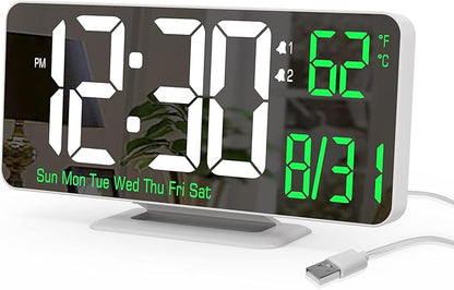 KOSUMOSU Alarm Clock for Bedroom, 6.7" Led Desk Digital Clock, Mirror Clock