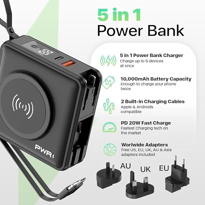PWR Travel PRO 5-in-1 Power Bank – 10, 000mAh
