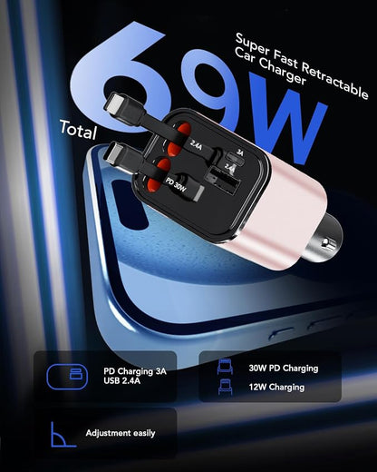 Retractable Car Charger, 4 in 1 Fast Car Phone Charger 69W, 2 Retractable