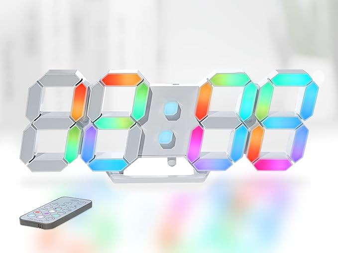 KOSUMOSU Wall Clock Neon Digital Clock 3D LED Desk Clock Large Display 9.7" RGB