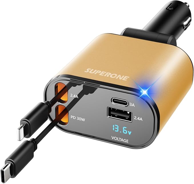 【Upgraded】 SUPERONE Retractable Car Charger 4 in 1, Fast Car Phone Charger
