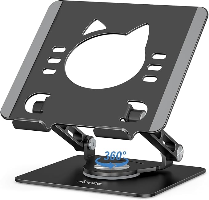 Tablet Stand 360° Rotating Aluminum Holder, Adjustable, Portable and Foldable