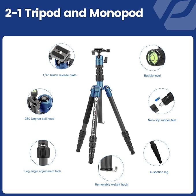 Fotopro 59" Carbon Fiber Travel Tripod, Compact Camera Tripod