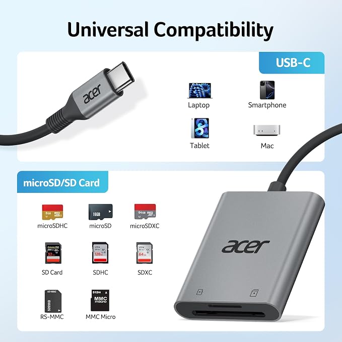 Acer SD Card Reader USB C, Dual Slots Type C to Memory Card Reader, Aluminum