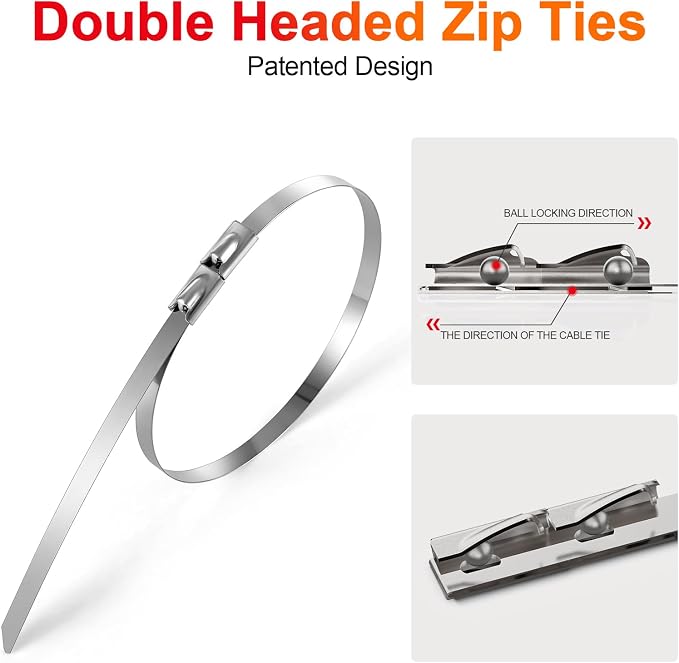 Metal Zip Ties, 304 Stainless Steel, 300 LBS Heavy Duty Double Headed