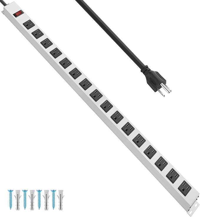 JUNNUJ Metal 16 Outlet Power Strip, Mountable Heavy Duty Power Strip, 1200J