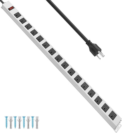 JUNNUJ Metal 16 Outlet Power Strip, Mountable Heavy Duty Power Strip, 1200J