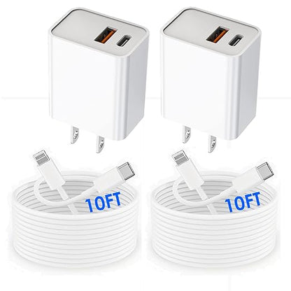 USB C Wall Charger, Dual Port 10FT iPhone Charger 20W PD+QC3.0 Power Adapter