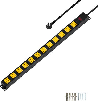 Metal 12 Outlet Mountable Power Strip, Surge Protector Heavy Duty Cord Wide