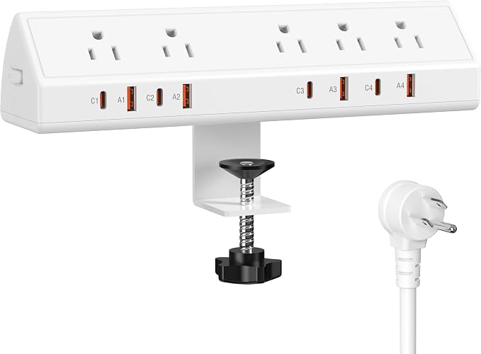 Desk Clamp Power Strip 65W Fast Charging Station, 4 PD USB-C, 5 Outlets