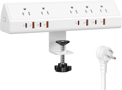 Desk Clamp Power Strip 65W Fast Charging Station, 4 PD USB-C, 5 Outlets