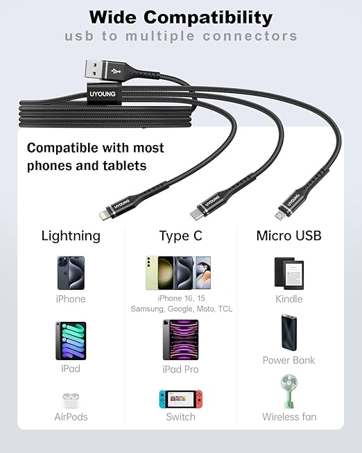 Multi Charging Cable 2Pack 6FT, 3 in 1 Charger Cable Braided Universal Phone