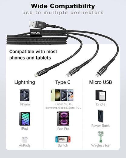 Multi Charging Cable 2Pack 6FT, 3 in 1 Charger Cable Braided Universal Phone