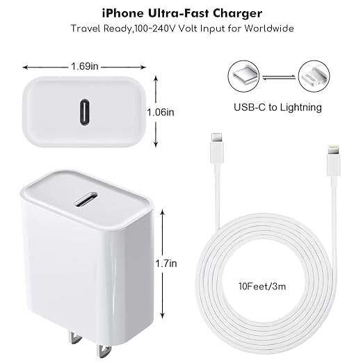 Fast iPhone Charger, Quick 10Foot USBC Wall Charger Phone Charge 2Pack 20W PD