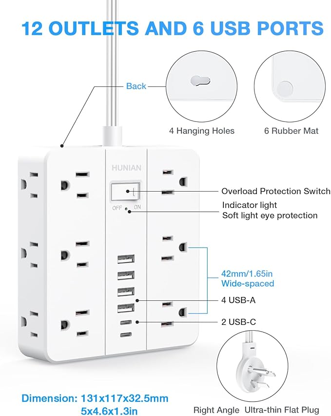 Surge Protector Power Strip 15 Ft Cord, HUNIAN Flat Plug Extension Cord