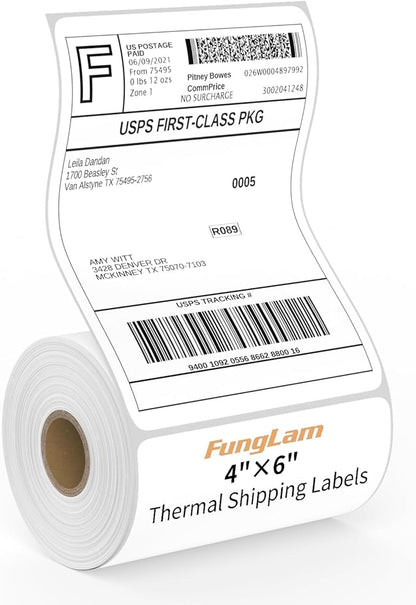 FungLam 4"X6" Thermal Shipping Labels, 4X6 Labels, Perforated, 250 Labels