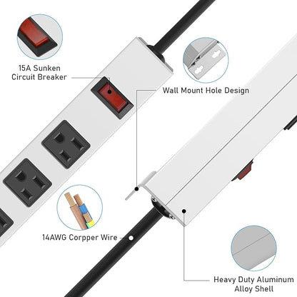 JUNNUJ Metal 16 Outlet Power Strip, Mountable Heavy Duty Power Strip, 1200J