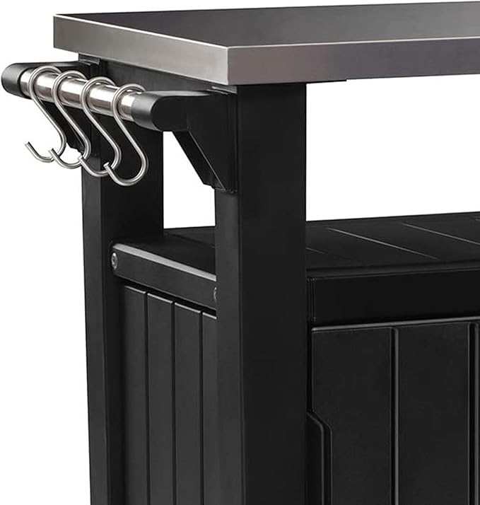 Keter Unity Small 40 Gallon Grill Prep Table and Storage Cart, Grey – BBQ Station with Wheels and Stainless Steel Top, Portable Serving Stand for Patio, Deck, and Backyard