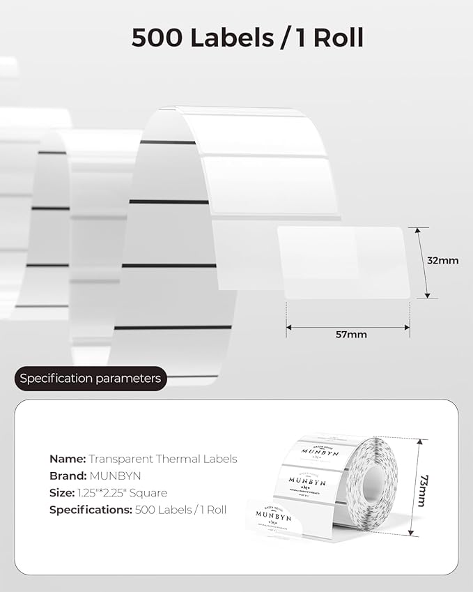 MUNBYN Clear Thermal Labels, 2.25 x 1.25 Inches, Printable Transparent Stickers