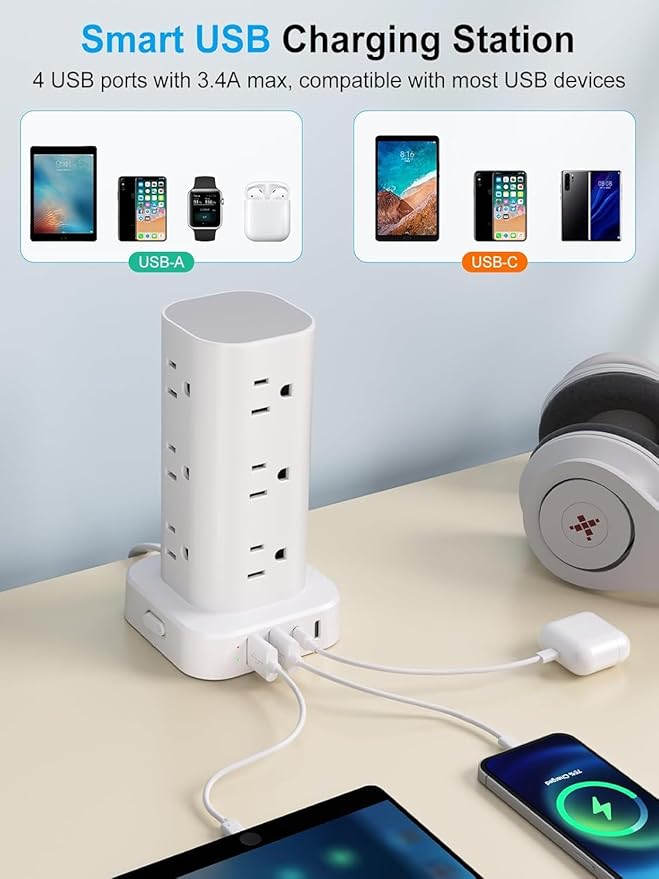 Power Strip Tower with Wireless Charger, Flat Plug Surge Protector Tower with