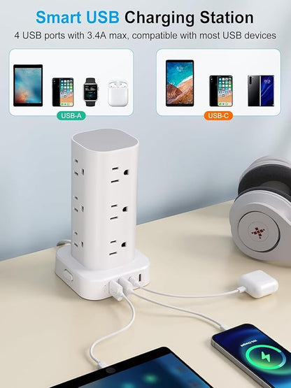 Power Strip Tower with Multiple Outlets, Flat Plug Surge Protector Tower