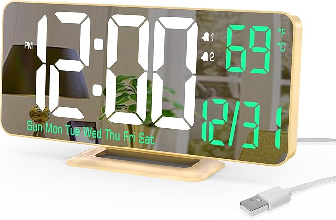KOSUMOSU Desk Clock for Bedroom Accessories 6.7in Gold Digital Alarm Clock