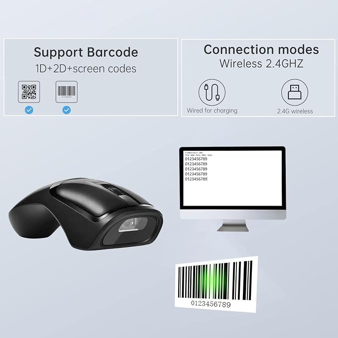 New Wireless Mouse Barcode Scanner, 2-in-1 Design 2D Handheld Barcode Scanner