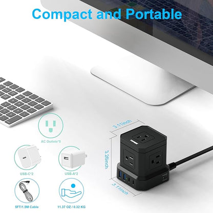 Power Strip with USB, USB C Power Strip with 5 Outlets, 2 USB-C & 2 USB-A