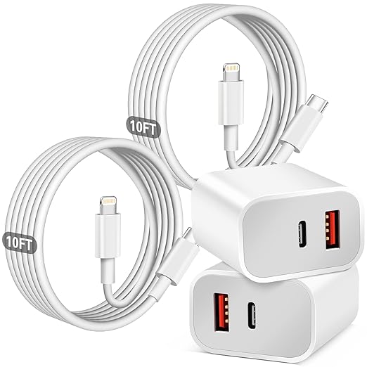 Fast Charger iPhone, Dual Port A/C Charging Adapter, Apple Charger Block 10FT