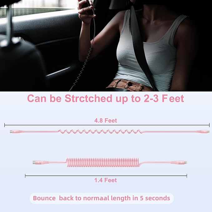 KIYODA USB C to Lightning Cable 3FTfor Car, Coiled iPhone Charger Fast Charging