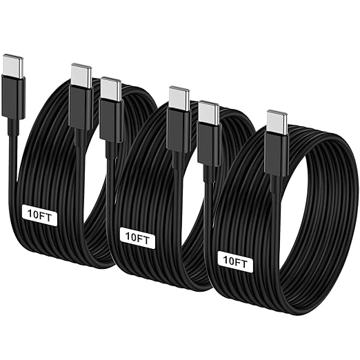 3-Pack Black 10FT 60W USB C to USB C Cable, Type C to Type C Cable, Fast