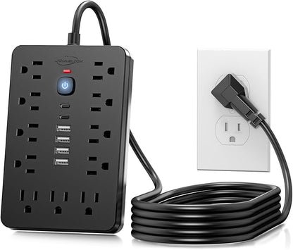 6 FT Flat Plug Surge Protector Power Strip, 11 Multiple AC Outlets