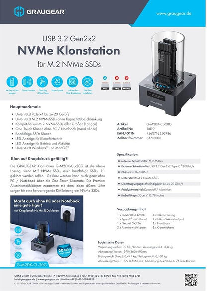 GRAUGEAR NVMe M.2 SSD Duplicator Dual-Bay Offline Clone Tool-Free, 20Gbps USB C