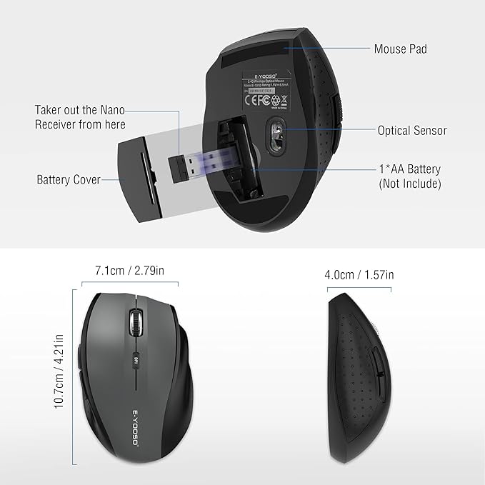 E-YOOSO Wireless Mouse for Laptop, Portable Optical Computer Mouse, 6 Buttons
