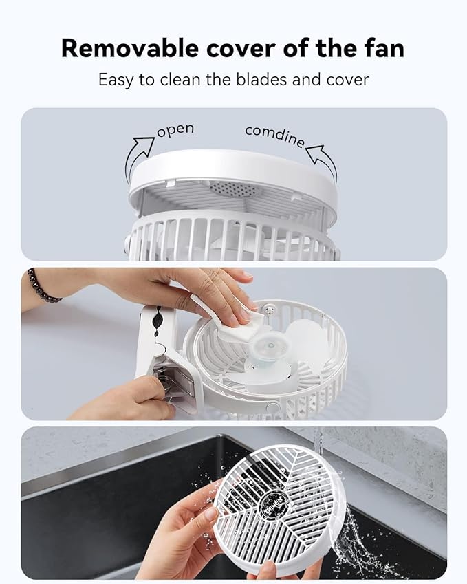 Portable Clip-on Fan 10000mAh Rechargeable Battery Powered – 3-Speed Quiet Desk