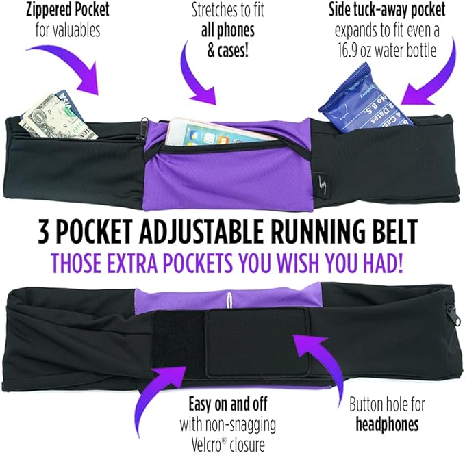 3 Pocket Adjustable Running Belt Waist Pack, Fanny Pack